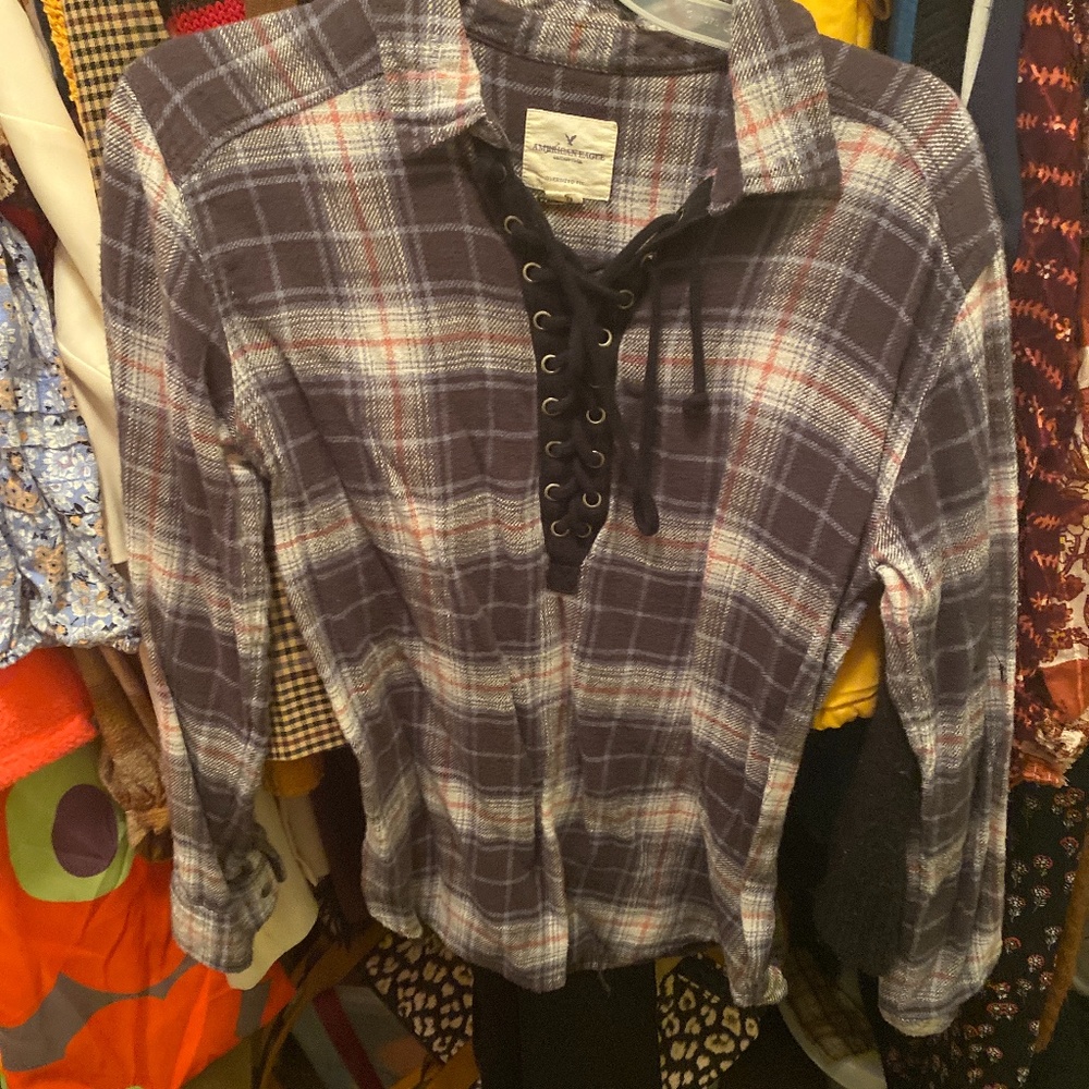 American Eagle lace front plaid shirt
